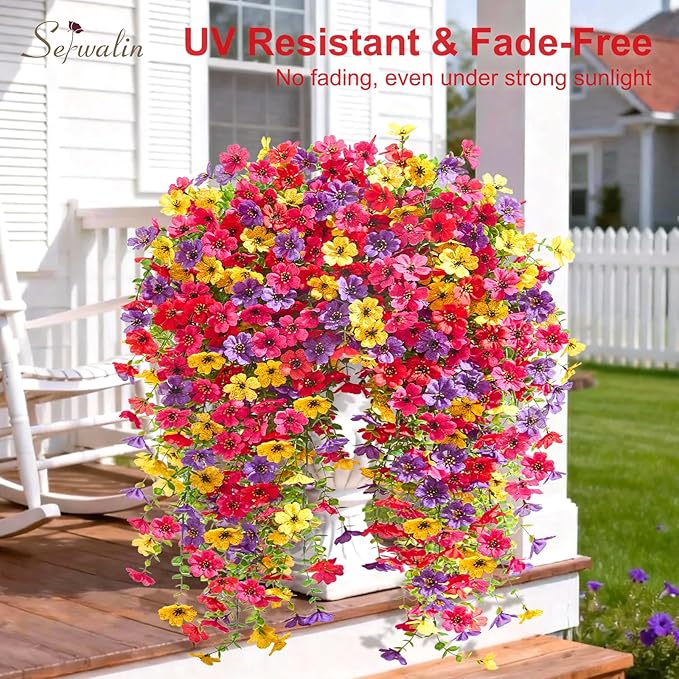 Serwalin 12PCS Artificial Fall Flowers for Outdoors Decoration, Realistic Silk Artificial Fall Hanging Flowers for Patio, Garden, Porch, Window, Outside (Spring Color,12PCS)