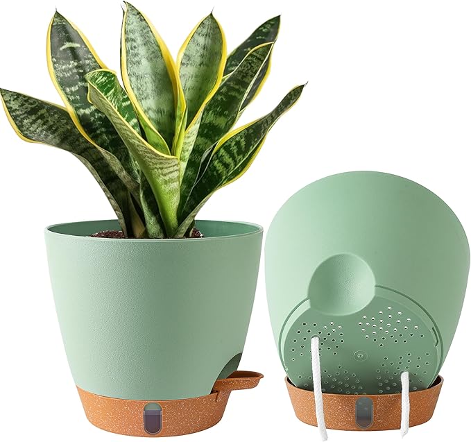 Fielda 2 Pack 8 Inch Pots for Plants Indoor, Plastic Self Watering Planters with Drainage Holes, Water Level Indicator & Deep Reservoir, Decorative Flower Pots Indoor Outdoor Use (Green