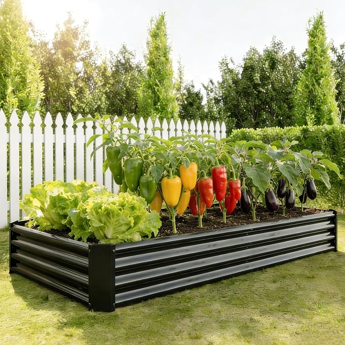 Metal Galvanized Raised Garden Bed Kit, 8 x 4 x 1 ft Galvanized Steel Raised Garden Planter Box Outdoor with Open Base for Growing Vegetables/Flowers/Herbs/Fruits/Succulents, Rectangle, Black