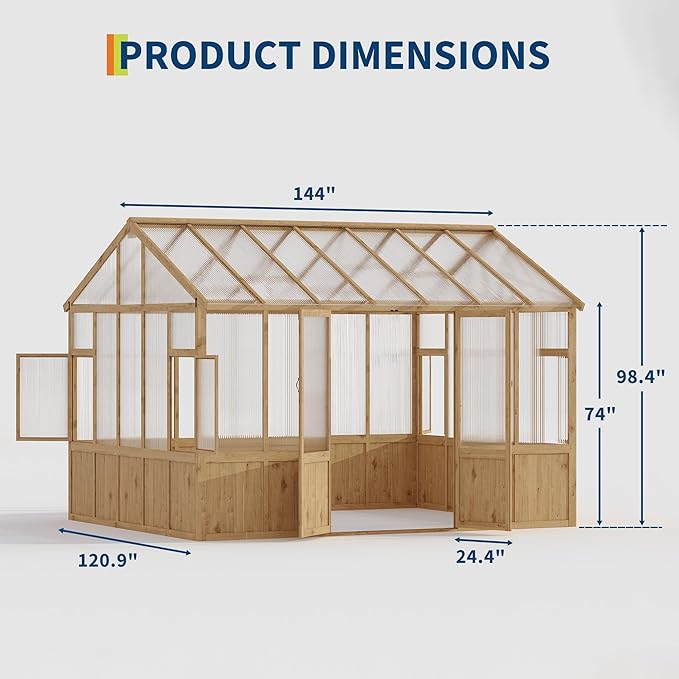 10X12 FT Heavy Duty Walk-in Wooden Greenhouse - Outdoor Green House Kit with 6mm Polycarbonate, Ventilated Window & Lockable Door for Backyard, Patio, Lawn