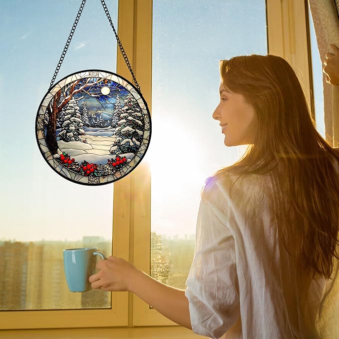 DASTOLL Stained Glass Window Hanging Christmas Tree Winter Snow Night Scenery 7.8" - Suncatcher Door Garden Kitchen Sun Catcher Home Decor Birthday for Mom Men Woman Friend