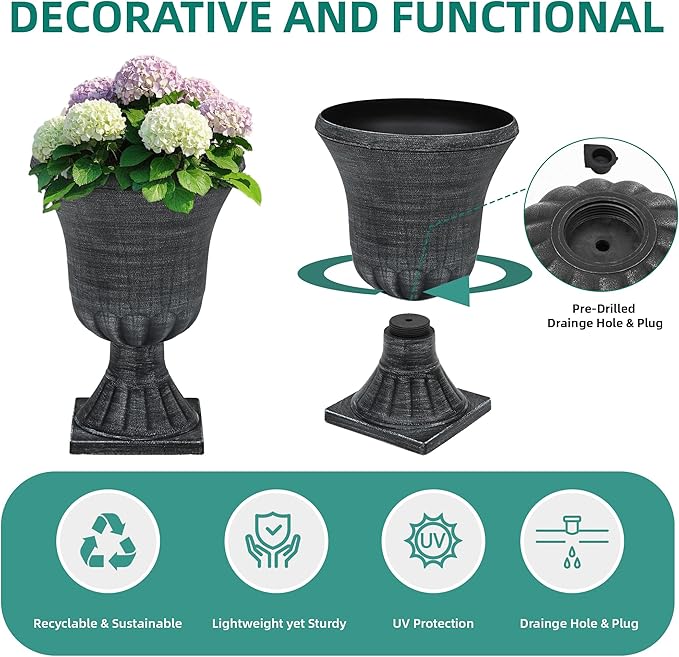 Autodaya 22" Urn Planters Outdoor Planter for Plants Set of 2 Timeless Plastic Large Flower Pot with Drainage Hole Handmade Washed Black Finish Garden Pots for Porch, Patio Christmas Decor