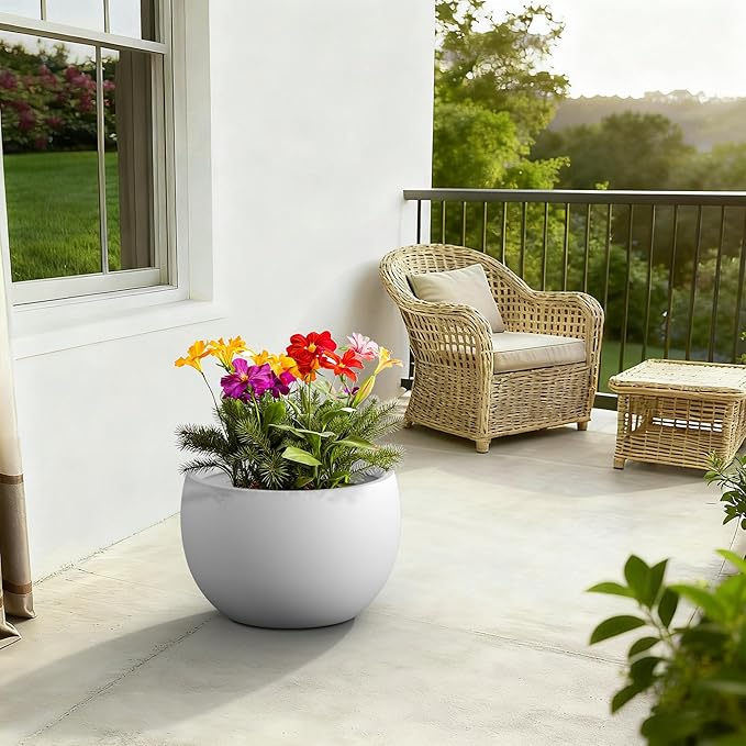 Kante 19.9" Dia Round Concrete Planter, Outdoor/Indoor Large Bowl Plant Pots with Drainage Hole and Rubber Plug for Garden Patio Balcony Home, Pure White