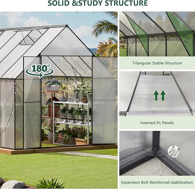 Green House for Outside, Greenhouse for Outdoor, Walk-in Garden Greenhouses, Heavy Duty Polycarbonate Greenhouse, Backyard Green Houses (8x12)