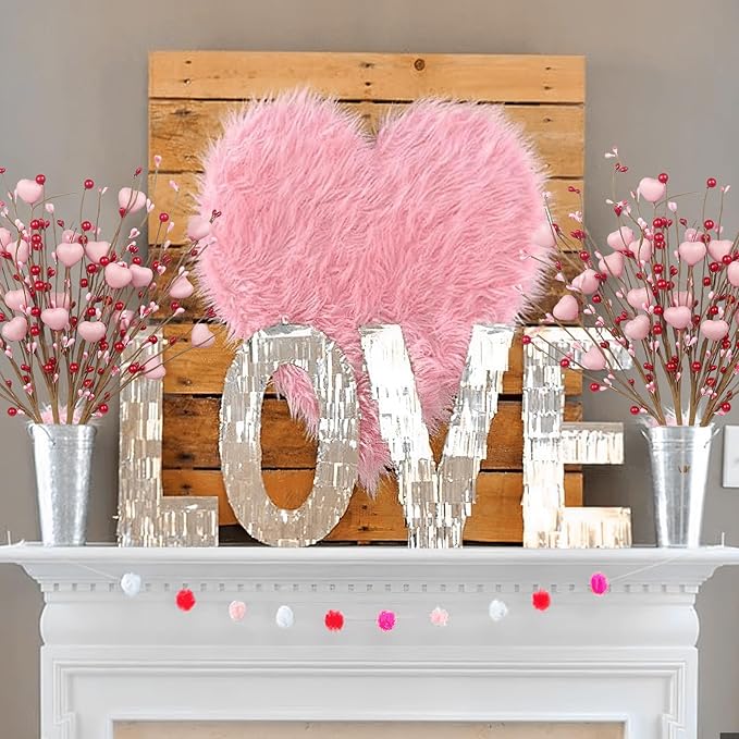 4 Pcs Artificial Flowers Berry Stems Valentine’s Day Picks Artificial Berry Flower Stems with Pink Hearts Valentine Floral Picks for Table Centerpiece Anniversary Wedding