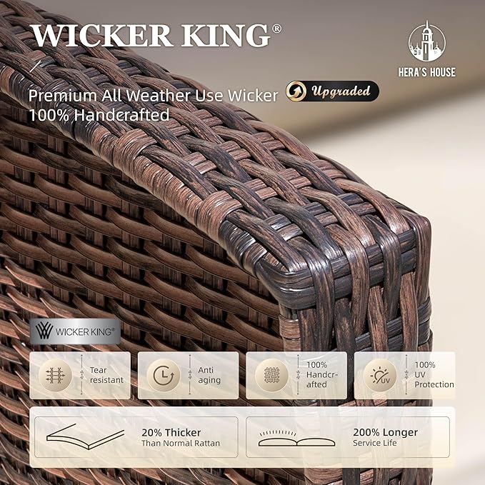 3-Piece Outdoor Patio Furniture, High Back Swivel Chairs Set of 2 with Rattan Table, Brown Wicker Conversation Bistro Set with 5.5” Thick Cushion for Deck Porch Balcony Garden Lawn, Beige