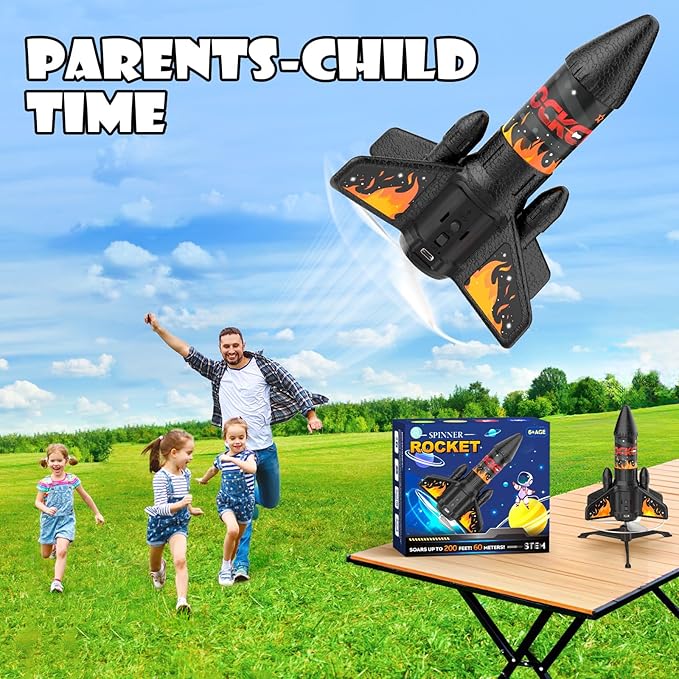 Ovaasy Rocket Launcher for Kids, 200 ft Self Launching Motorized Rocket Toy with LED and Safety Parachute Land, Outdoor Toys Cool Birthday for Boys Ages 8-12 (Orange)