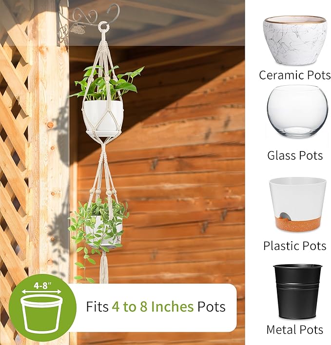 IDEEEPAN Macrame Plant Hanger - Fits 4 to 8 inches Pots for Indoor Outdoor, 49"/72" 2 Sizes Set, Ivory (POTS NOT Included)