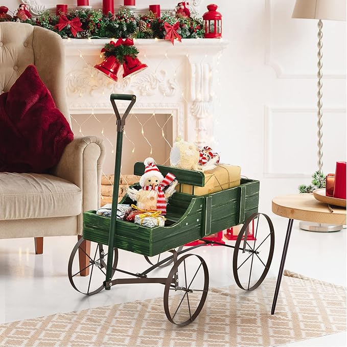 Giantex Small Wagon Planters for Outdoor Plants, Decorative Garden Bed with Metal Wheels, Wood Raised Beds Plant Pot Stand for Backyard Garden Patio 24.5"x13.5"x24" (Green)