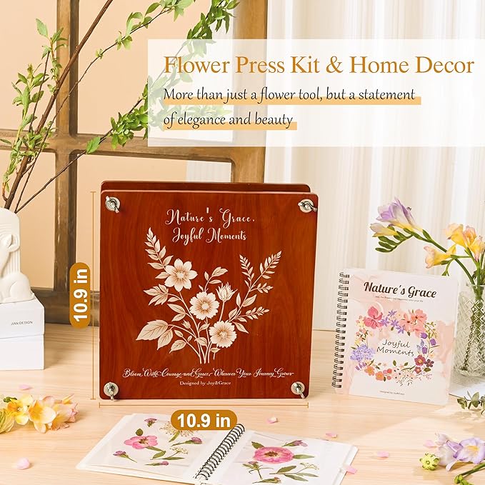 Joy&Grace Large Flower Press Kit for Adults & Kids with Designed Cover and DIY Album, 10.9" x 10.9" 10 Layers Plant Press and Plant Drying Toolkit, Flower Preservation Kit (Color Box, Mahogany Color)