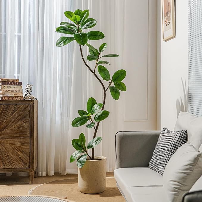 6ft Artificial Rubber Tree Faux Plants Indoor Faux Floor Artificial Trees Indoor,Fake Plant Fake Tropical Plants,Large Floor,Real Touch Rubber Tree for Home Decor