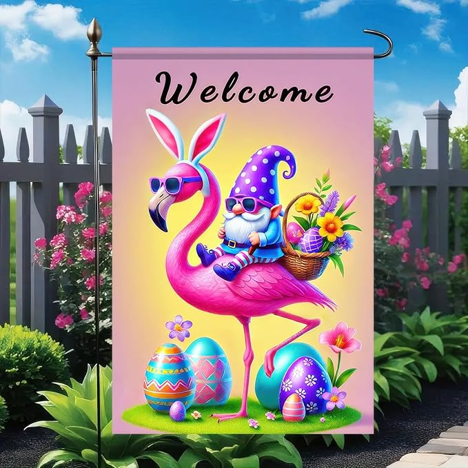 Easter Garden Flag 12" X 18" Double Sided Welcome Easter Flamingo Flag Gnome Garden Flag Gnome and Flamingo Welcome Spring Holiday Yard Outdoor Banner Yard Flags for Party Home Decor