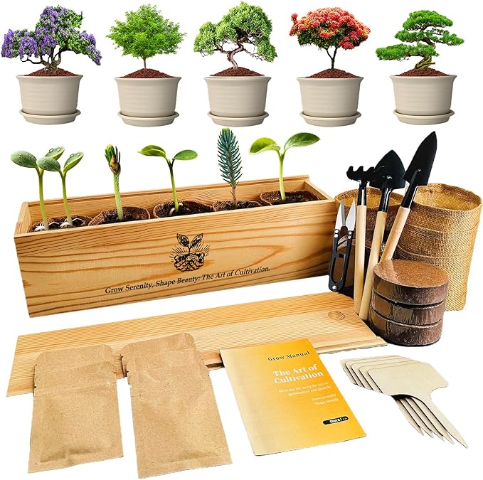 5X Bonsai Starter Kit, Bonzai Seed Kits, Durable Planting Bags, Complete Indoor Starter Kit for Growing Bonsai Plants, Gardening Gifts for Women & Men
