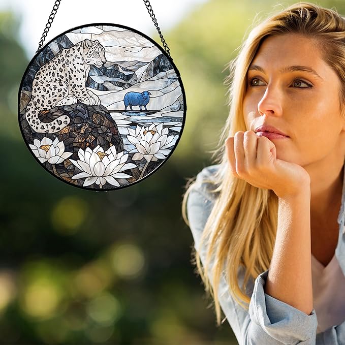 Stained Glass Window Hanging - Snow Mountain Lotus Suncatcher for Doors Garden Patio Leopard Sun Catchers Decor Christmas Mother's Day Birthday Gifts for Women Men Mom Nana Friend 11.8 in