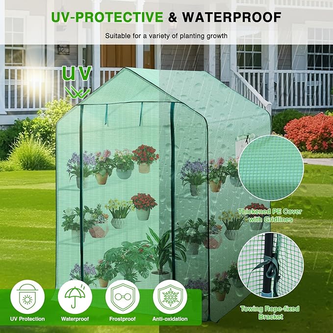 Yesker Greenhouse 57.5"x57"x77" Walk in Green House - Large Outdoor/Indoor Greenhouses with 8 Shelves Waterproof PE Cover & Windows, Portable Greenhouse Kit for Winter Backyard Gardening Patio, Green