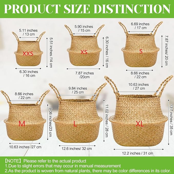 Qunclay 4 Pcs Woven Seagrass Baskets Belly Basket Folding Boho Natural Plant Pot with Handles Round Decorative Wicker Large Indoor Planter for Home Outdoor Tree Planters Decor (S,8.7''dx7.9''h)