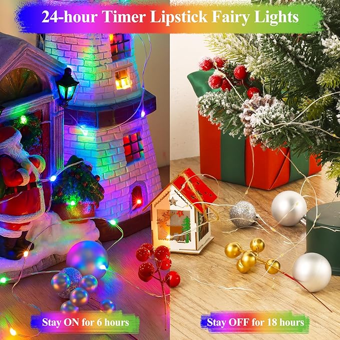 66FT(33 * 2) Multicolor Fairy Lights Battery Operated, 100 LED Twinkle Lights with Timer, Rechargeable String Lights for Bedroom, Christmas Decorations, Wedding, Centerpiece Table Decor Multicolor