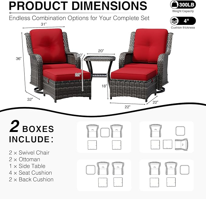 Joyside 5 Piece Wicker Patio Furniture Set, Outdoor Swivel Rocker Patio Chairs with High Back, Deep Seating, Wide Armrest, Thickened Cushions, Outdoor Furniture for Deck, Porch Use