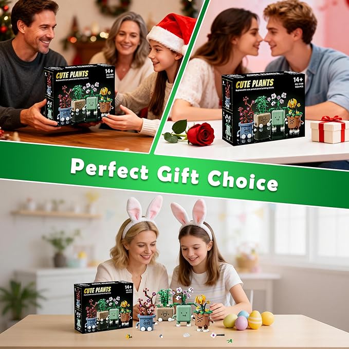 BeepZipp 4-Pot Interchangeable Botanicals Building Kit - Creative Spinning Plant Building Toys with DIY Faces, Mini Desk Decor & Fun Gift for Teens Adults (Orchid, Bamboo, Plum, Chrysanthemum)