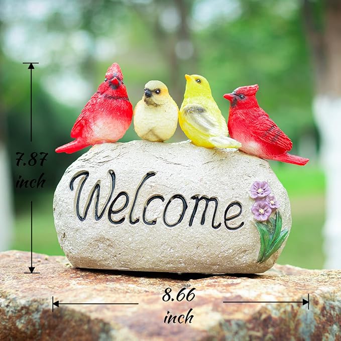 Ovewios Solar Garden Statues Outdoor Decor, Welcome Sign Garden Sculptures Statue Novelty Birds Figurine Decoration for Patio Yard Porch Art Home Decor