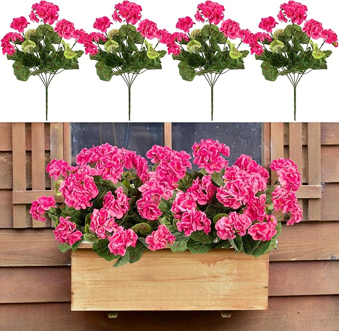 Uqueeten 4pcs Fake Flower Artificial Geranium,Artificial Flowers for Outdoors, Geraniums Artificial Flowers Realistic,Artificial Geraniums for Outdoors Fake Plant Decoration 14.4"(Rose Red)