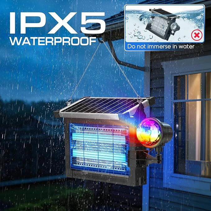 Solar Bug Zapper Outdoor with Projector Lights, 4500V Waterproof Mosquito Zapper, Dual Solar & USB Rechargeable, Smart Dusk to Dawn, Cordless Insect Killer for Patio, Garden, Backyard, Camping