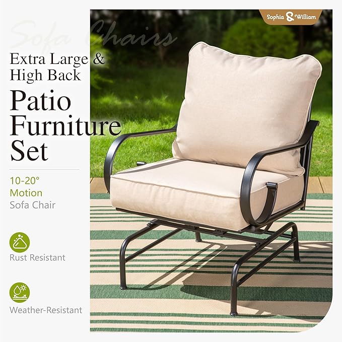 Sophia & William 5 Piece Patio Furniture Set Outdoor Couch Sofa, Sectional Conversation Sets 7 Seat with 3-seat Sofa x 1, Loveseat x 1, Rocking Chair x 2, Metal Coffee Table x 1 for Porch Lawn, Beige