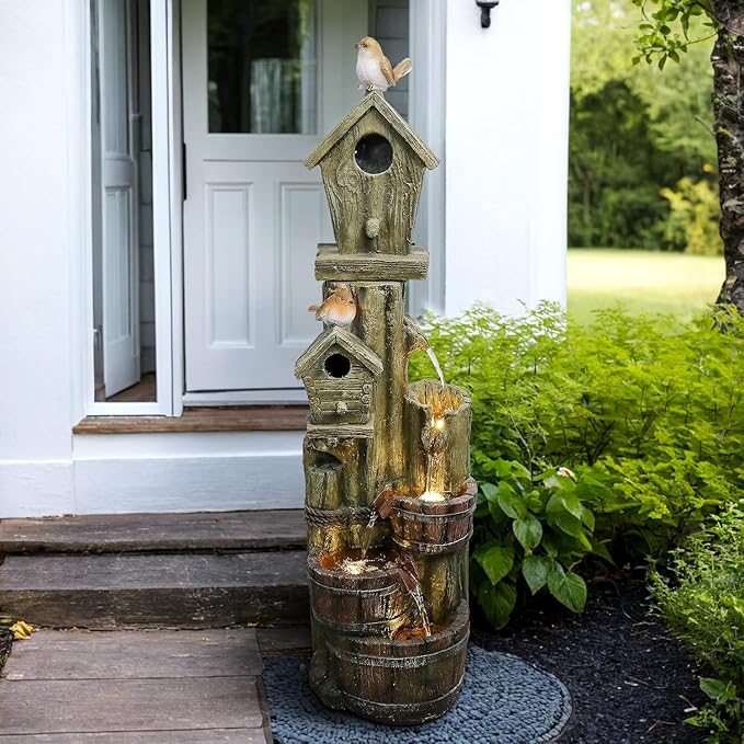 Outdoor Water Fountain with Birdhouse, 39.3inches Rustic Outdoor Water Fountains - Outdoor Cascading Waterfall with Decorative Birds & Buckets, Pump & Lights for Backyard Patio Decor