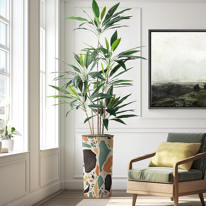 Artificial Tree in Modern Geometric Pattern Planter, Fake Dracaena Tree Silk Tree for Indoor and Outdoor Home Decoration - 66" Overall Tall (Plant Pot Plus Tree)