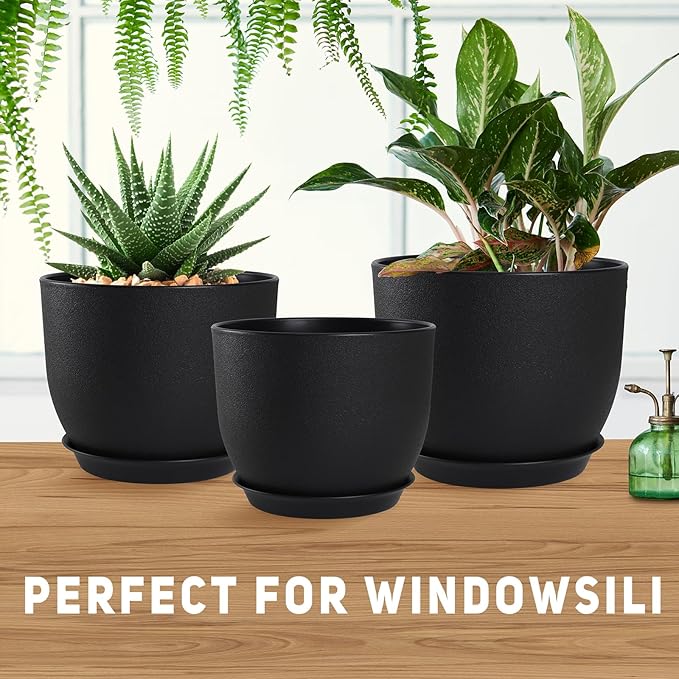 YNNICO Plant Pots 10/9/8/7.5/7 inch Set of 5,Flower Pots with Multi Mesh Drainage Holes, Large Planters for Indoor Outdoor Garden Plants and Flowers. (Black)