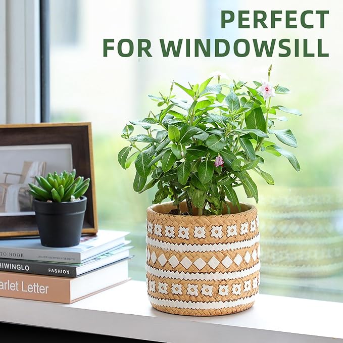 vomiceak Concrete Rattan-Style Plant Basket Planter, 5.3" Plant Pots Indoor Outdoor with Drainage Hole, Boho Flower Pot for Succulents, Herbs, Modern Farmhouse Decor, Ideal Gift for Plant Lovers