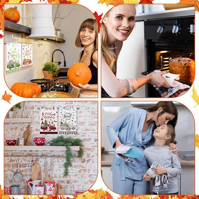 FuWeave 12 Pcs Seasonal Kitchen Towels Set for All Holidays Hand Dish Tea Towels Gift Bulk Valentine's Day Absorbent Dishcloths Housewarming Gift for Cooking Kitchen Bathroom(Truck Style)