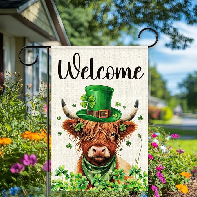 St Patricks Day Welcome Garden Flag 12x18 Inch Double Sided,Shamrocks Cow with Green Hat Outdoor Irish Decor House Porch Flag for St Patrick's Day Party and Yard Decorations