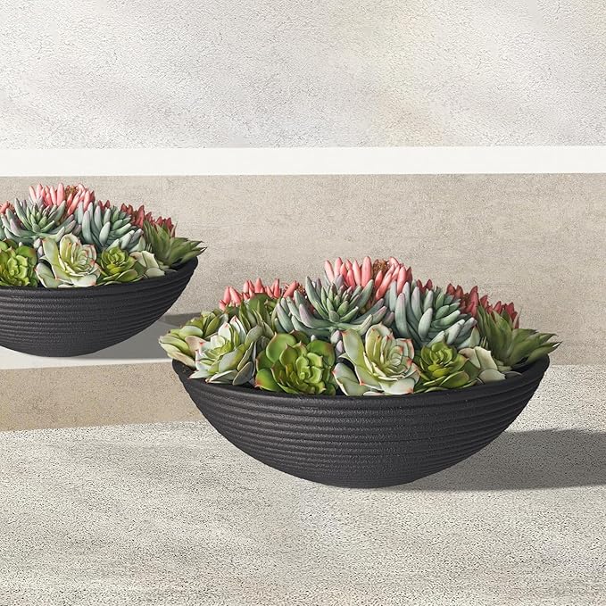 TerraDeco 18 - inch Handmade Classic Bowl - Concrete Planter (2 Packs | Concrete Composite | Ideal for Succulents, Courtyard Pillars & Staircase Corners