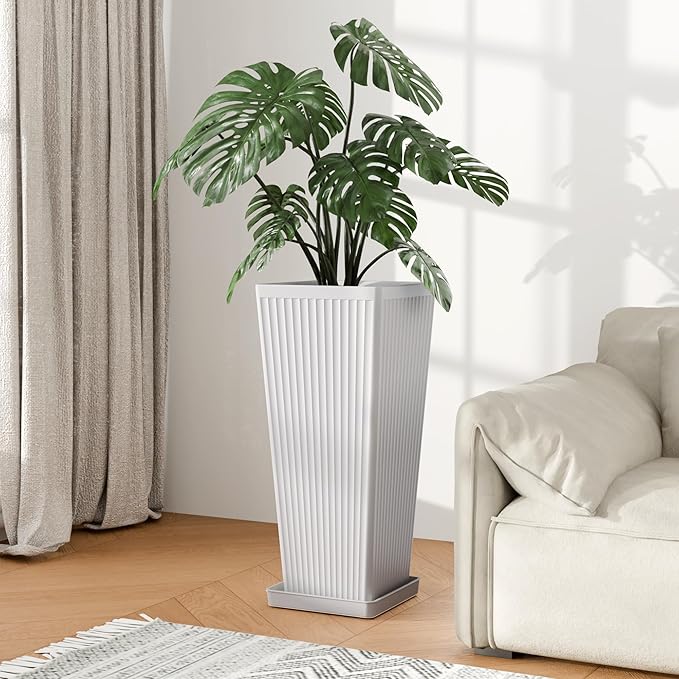 Trygoal Square Tall Planters for Outdoor Plants Set of 2-23.6" Modern Tapered Indoor Flower Pots with Drainage Holes/Partition/Tray, Large Outdoor Planters for Porch Patio Garden Front Porch, White