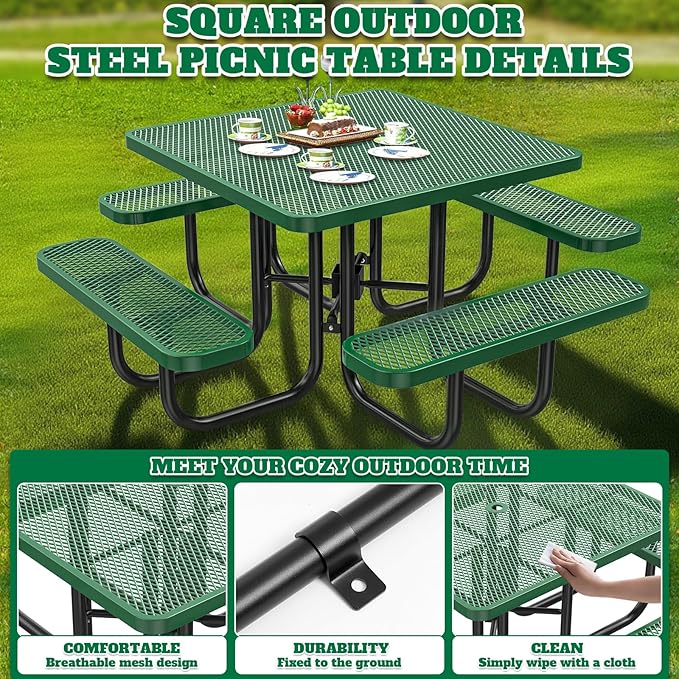 46" Square Top Outdoor Picnic Table Set for Up to 8 Persons, Outside Table Set with 4 Built-in Benches, Metal Commercial-Grade Dining Furniture with Umbrella Hole for Garden, Backyard, Porch, Green