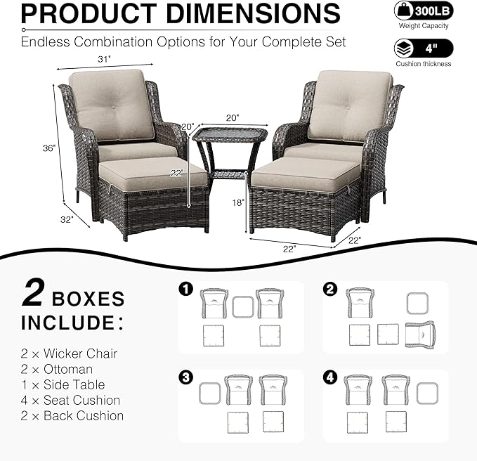 Joyside 5 Piece Wicker Patio Furniture Set, Rattan Patio Chairs with High Back, Deep Seating, Wide Armrest, Thickened Cushions, Outdoor Furniture for Deck, Porch Use
