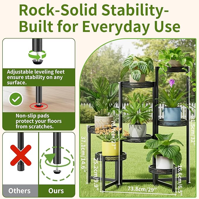 NQW 7 Tier Large Metal Plant Stand Indoor Outdoor with 7.9 Inch Wide Tray, Tiered Corner Plant Stand, Flower Display Holder Shelf, Folding Tall Rack for Patio Porch Balcony Living Room Garden - BlackWave