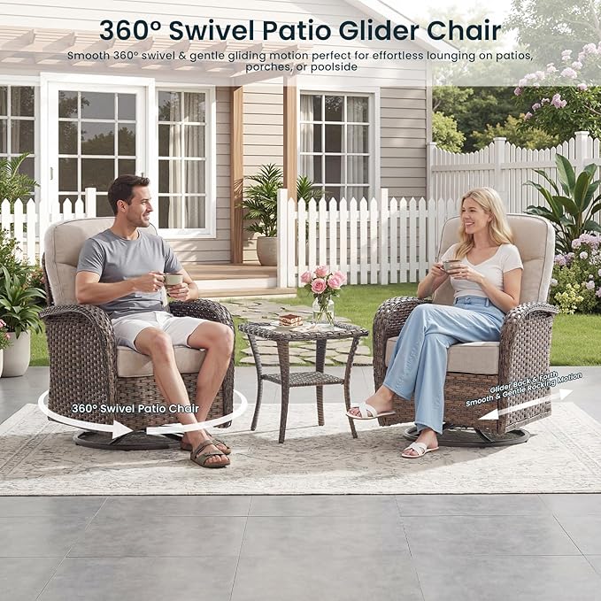 High Back Luxury Patio Furniture Set with 6-inch Thick Cushion, Swivel Rocker Patio Chairs Set of 4 with Outdoor Couch, 8 Piece Wicker Conversation Set for Deck Yard Garden Balcony Beige