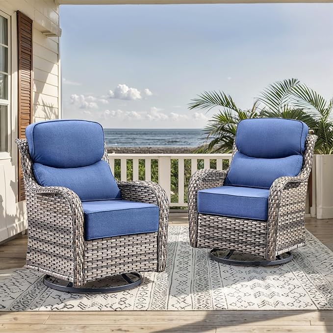 HUMMUH Luxury Patio Furniture Set 6-inch Thick Cushions High Back Swivel Rocker Chairs & 3 Seater-Couch & Steel Fire Pit Table 5 Pieces Outdoor Conversation Set for Porch,Deck,Backyard