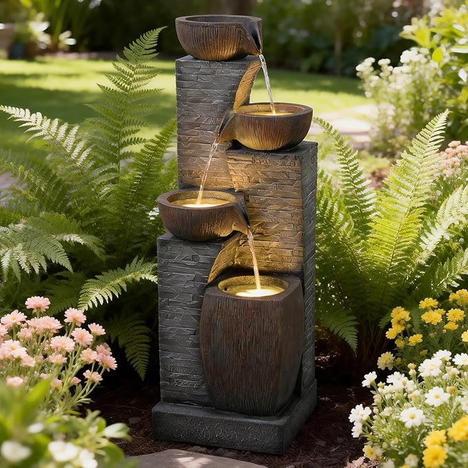 38.2" Tall Outdoor Water Fountain,Stone Texture Modern 4 Tiers Cascading Bowls Garden Fountains Outdoor,Suit for Patio, Deck, Porch, Lawns, Backyard and Home Art Decor