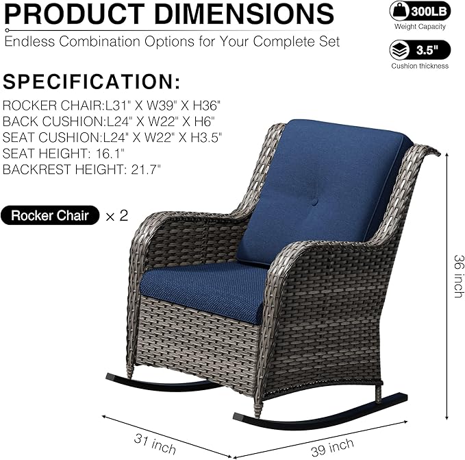 Joyside Outdoor Rocking Chairs Set of 2, Wicker Patio Furniture with High Back, Deep Seating, Wide Armrest, Thickened Cushions, Outdoor Rattan Furniture for Deck, Porch Use