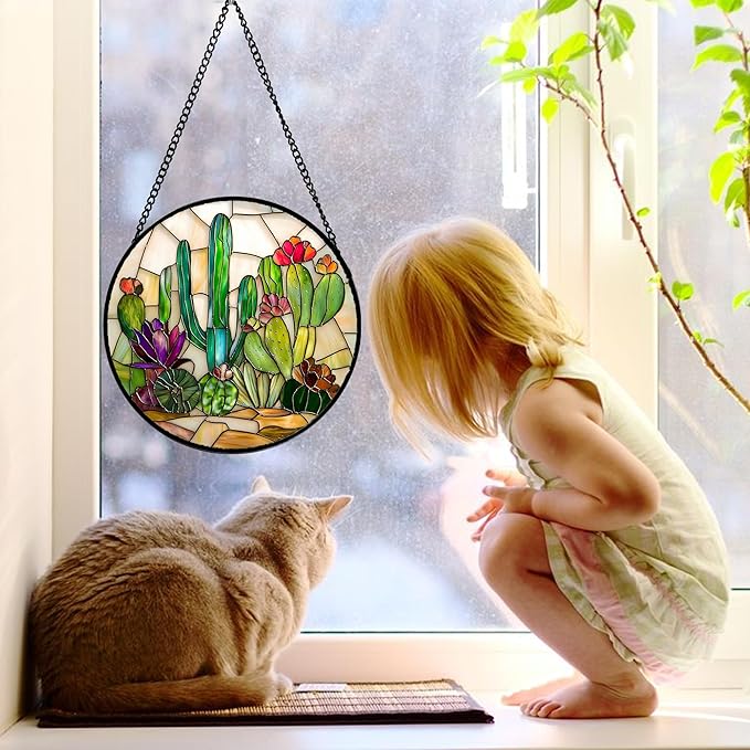 DASTOLL Stained Glass Window Hanging, White Green Cactus Suncatcher Diamond Glass Panel Hangings Sun Catchers Decor for Birthday for Women, Men, Wife, Aunt, and Mom 9.8 in