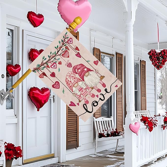Valentine’s Day Romantic Swing Gnome Love Hearts House Flag Big Large Burlap 28X40 Inch Vertical Double Sided Outside Yard Holiday Outdoor Farmhouse Decoration