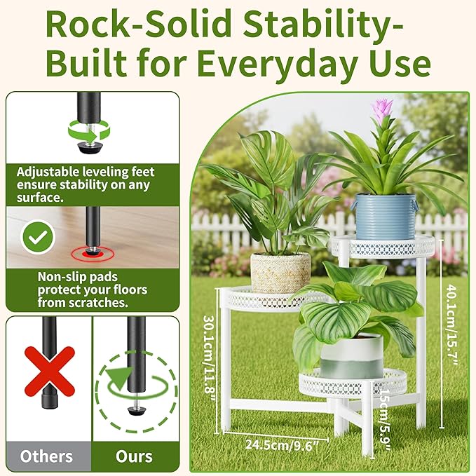 NQW 3 Tiered Tall Plant Stand Indoor Outdoor, Metral Plant Shelf for Corner Display Rack, Multi-Tier Folding Planter Pot Holder Flower Stand for Living Room Balcony Garden Patio - WhiteWave