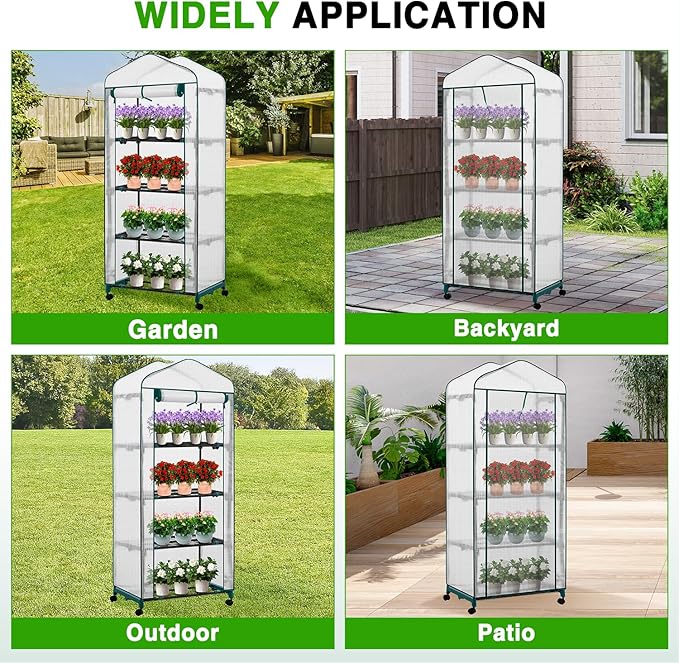 Yesker Mini Greenhouse 27"x20"x63" Portable Indoor / Outdoor Small Green House with 4 Tier 4 Shelves Wheels Thicken PE Cover Compact Greenhouses Kit for Winter Gardening Balcony Patio Backyard, White