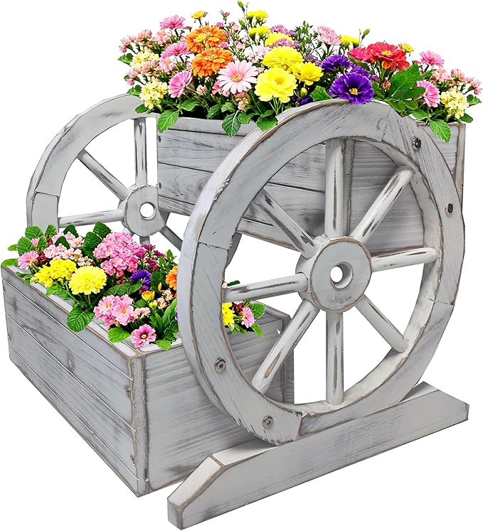 NestNature Wooden Wagon Planter Box,Raised Garden Bed,Decorative Garden Planters with Wheels-Outside Flower Pots for Indoor/Outdoor Décor Plants (Antique White)