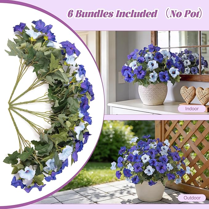 Ammyoo 6 Pcs Artificial Flowers Fake Petunias for Outdoors, Faux Flowers for Outdoor Planter, UV Resistant Realistic Fake Plants for Outside No Fade for Garden Porch Patio Indoor Room Decor(Blue)
