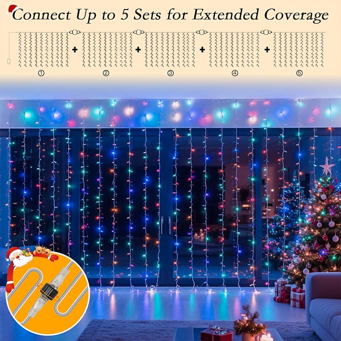 200 LED Rainbow Curtain String Lights 9.8 * 6.6FT Plug in Fairy with Timer and 8 Modes, Waterproof Window Wall Lights for Bedroom Wedding Party Indoor Outdoor Christmas Decor