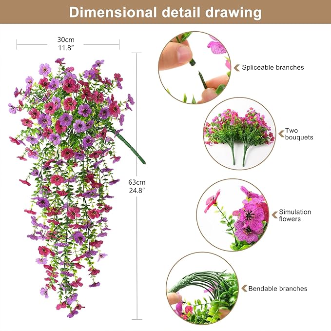 Artificial Hanging Flowers Plants for Outdoor Spring Summer Decoration, 2PCS Faux Silk Daisy UV Resistant Look Real for Outside Home Indoor Planter Porch Garden Yard Decor(Light Purple Red)